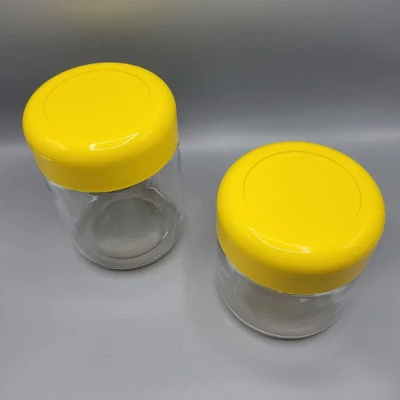 Vtg Retro MCM Heller Design Massimo Vignelli Glass Canisters Set Of 2 Yellow Lid - Picture 2 of 7